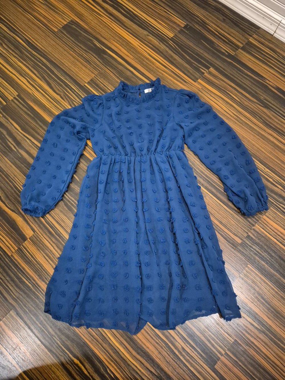 Girls' Blue Textured Long-Sleeve Casual Dress